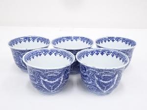 ANTIQUE JAPANESE IMARI MEIJI ERA / TEA CUP SET OF 5 / BLUE & WHITE PORCELAIN